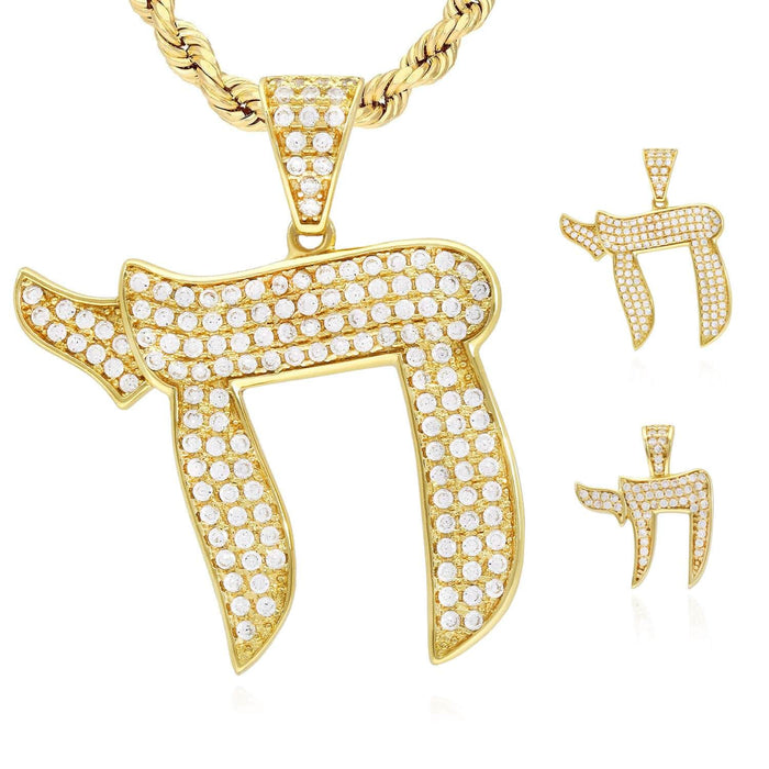 14k Yellow Gold Over Silver CZ Pave Chai Pendant 0.79", 1.18"