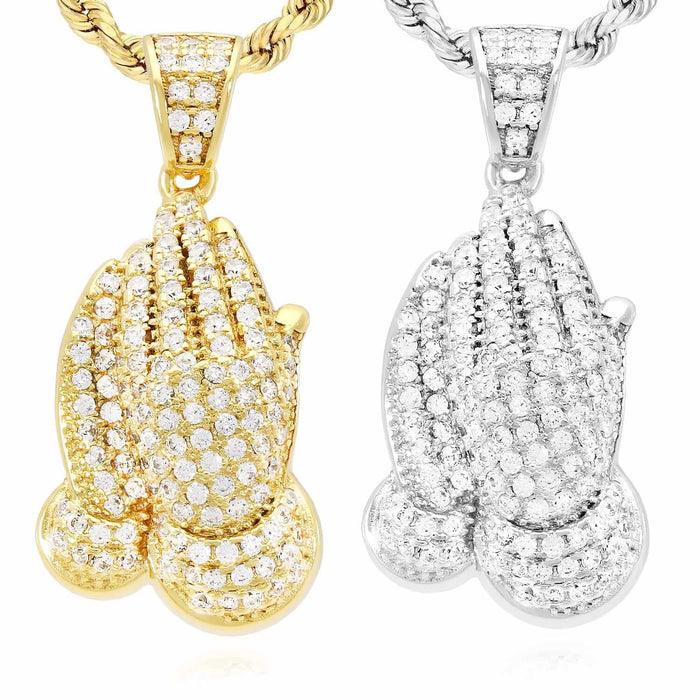 14K Yellow White Gold Over Silver CZ Pave Religious Praying Hands Pendant 1.18"