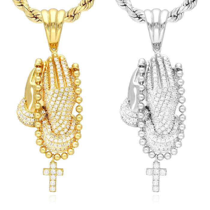 14k Gold Over Sterling Silver CZ Praying Hand Cross Pendant 1.57"