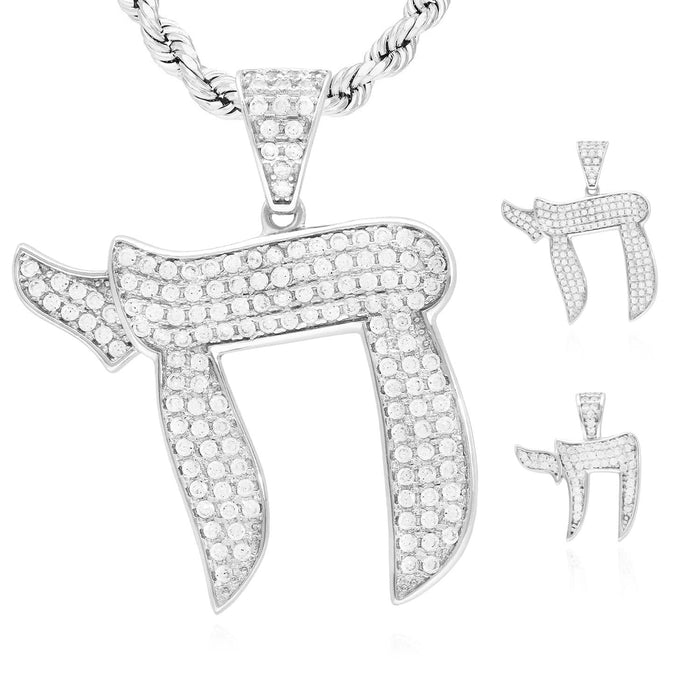 14k White Gold Over Silver CZ Pave Chai Pendant 0.80" & 1.20"