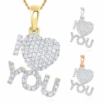 Natural Diamond Pave 10K Gold Yellow White Rose I ❤️ YOU Love Heart Pendant 0.6"