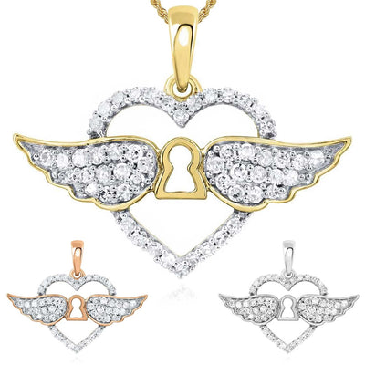 Natural Diamond 10K Gold Yellow White Rose Open Heart Keyhole Wings Pendant 0.6" - WJD Exclusives