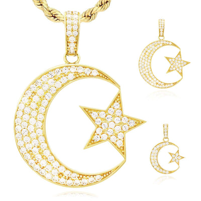 14K Gold CZ Pave Crescent Moon Star Pendant 1"-1.4"