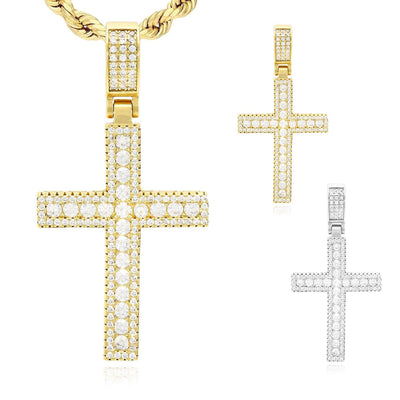 14k Yellow White Gold Over Silver White Zirconia Cross Pendant 1.97"