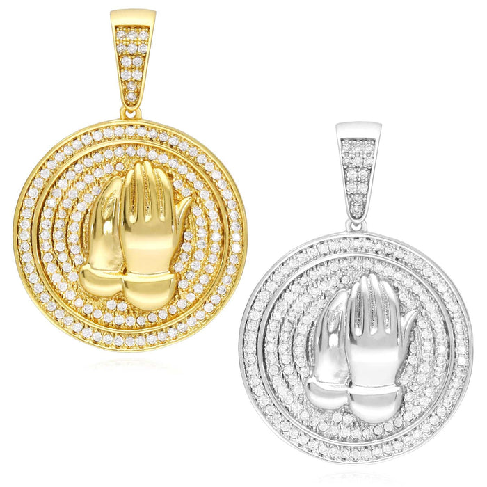 14k Gold Over Silver CZ Praying Hands Medallion Pendant 1.38"
