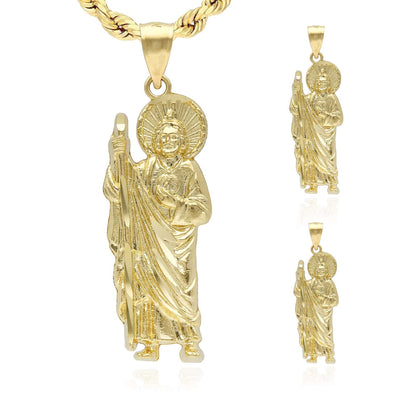 10k Gold Yellow White San Judas Diamond-Cut Pendant 1"-1.4"