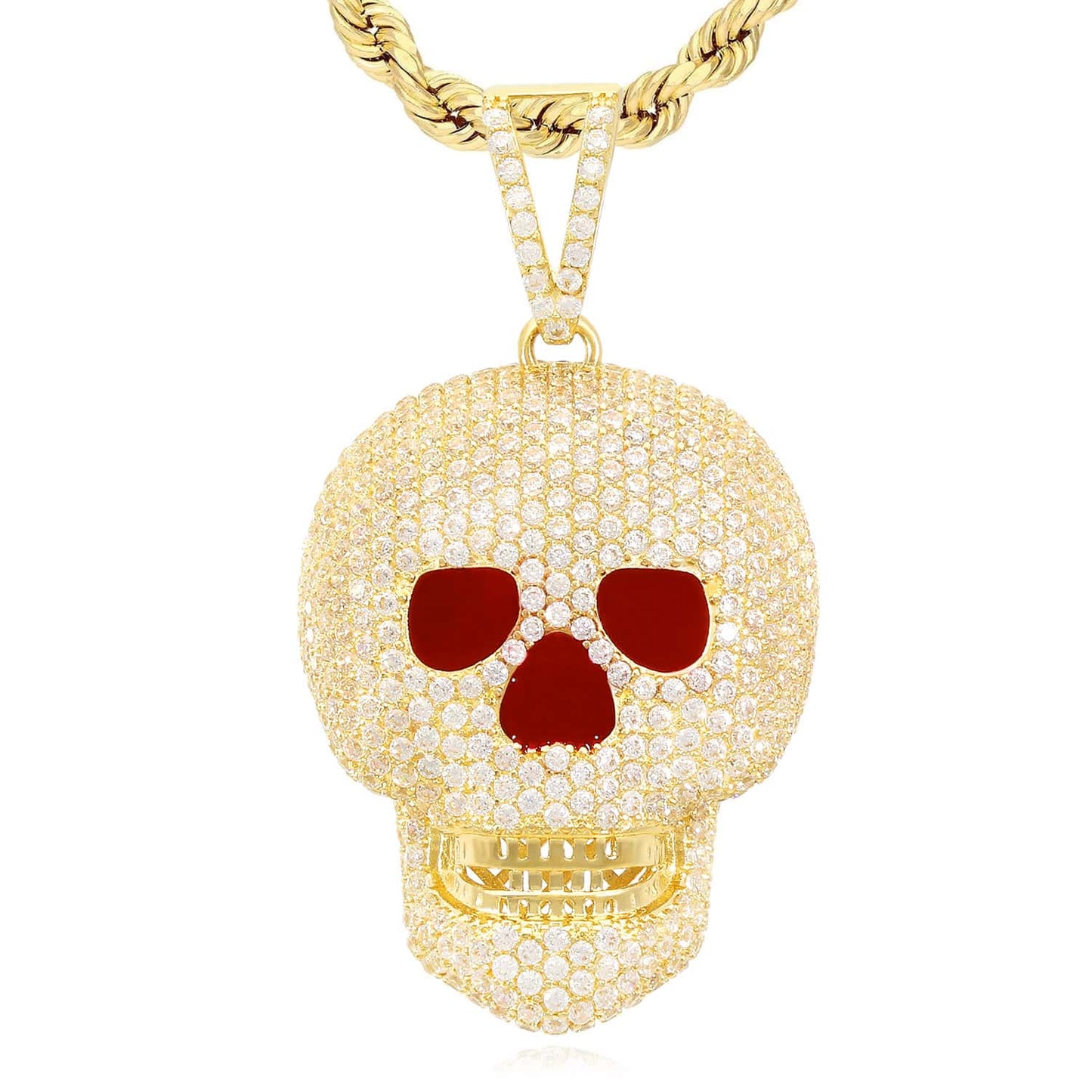 14K Yellow Gold CZ Pave Iced Out Classic Skull Charm Pendant 1.6"