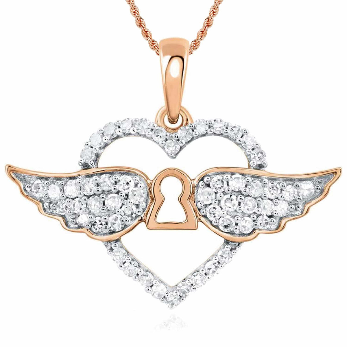 Natural Diamond 10K Gold Yellow White Rose Open Heart Keyhole Wings Pendant 0.6" - WJD Exclusives