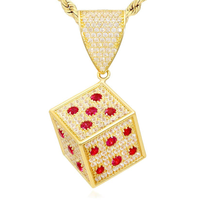 14K Yellow Gold CZ Red Blue Green Mini Dice Charm Pendant 1.5"