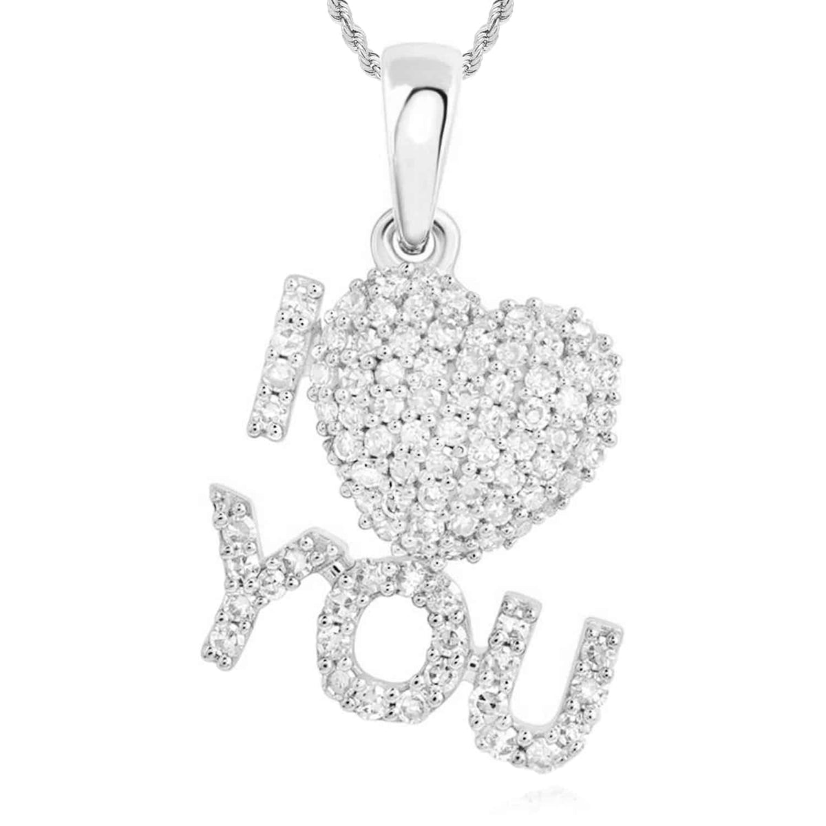 Natural Diamond Pave 10K Gold Yellow White Rose I ❤️ YOU Love Heart Pendant 0.6" - WJD Exclusives
