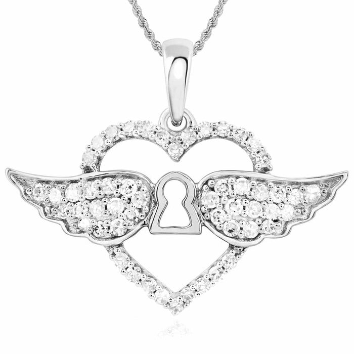 Natural Diamond 10K Gold Yellow White Rose Open Heart Keyhole Wings Pendant 0.6" - WJD Exclusives