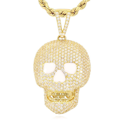 14K Yellow Gold CZ Pave Iced Out Classic Skull Charm Pendant 1.6"