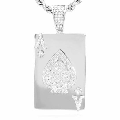 Gold Over Sterling Silver CZ Ace Of Spade Poker Card Pendant 1.7"