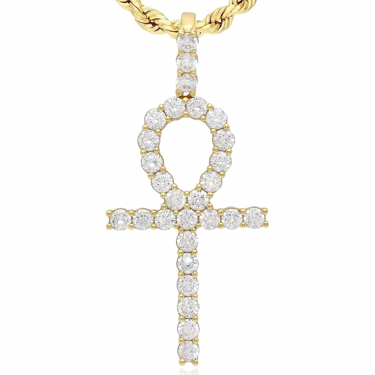 18K Gold Yellow White Over Silver CZ Ankh Cross Pendant 2" - WJD Exclusives