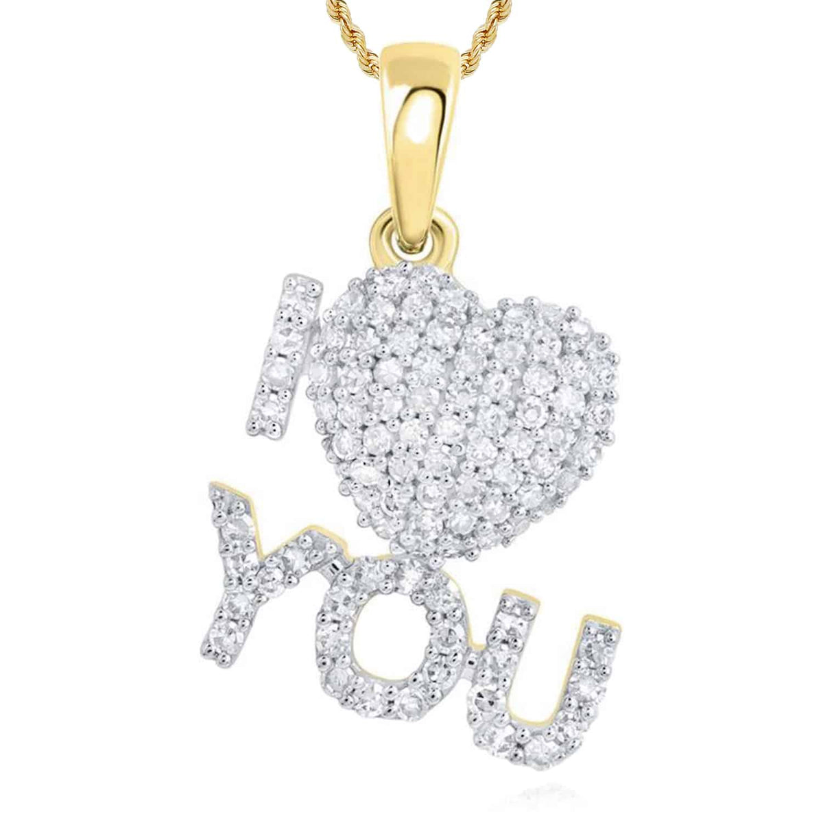 Natural Diamond Pave 10K Gold Yellow White Rose I ❤️ YOU Love Heart Pendant 0.6" - WJD Exclusives