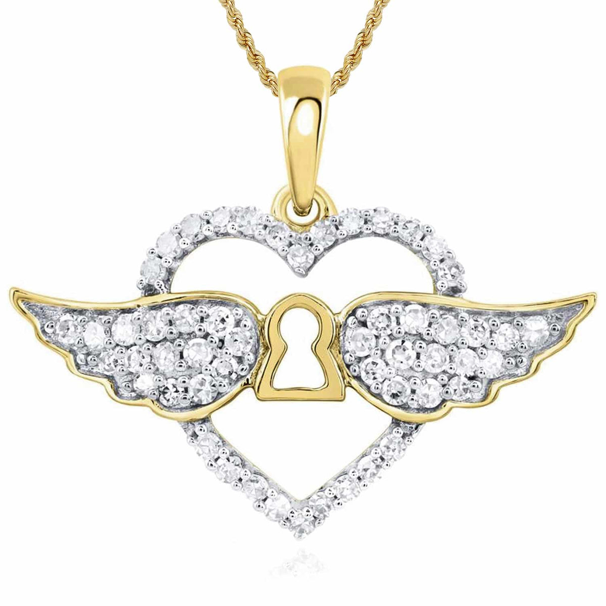 Natural Diamond 10K Gold Yellow White Rose Open Heart Keyhole Wings Pendant 0.6" - WJD Exclusives