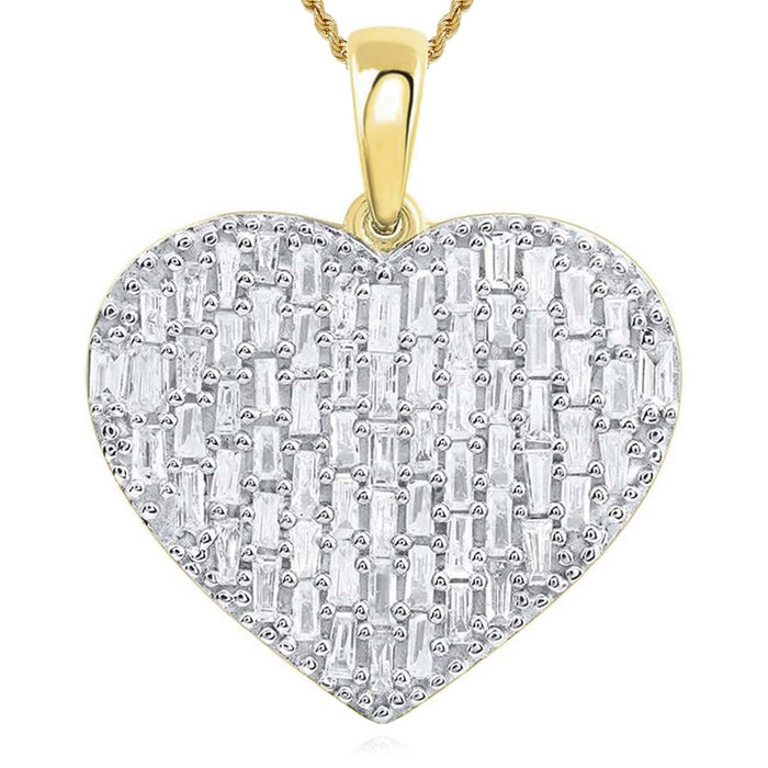 Natural Diamond 10K Gold Yellow White Baguette Heart Pendant 0.95" - WJD Exclusives