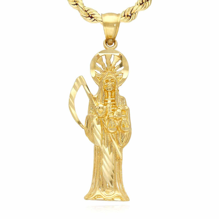 14K Real Yellow Gold Santa Muerte Grim Reaper Death Charm Pendant 1.4"