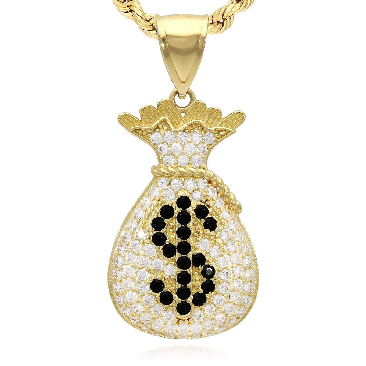 14K Yellow Gold CZ And Onyx Dollar $ Sign Money Bag Pendant