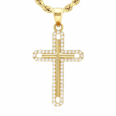 14K Yellow Gold CZ Halo Cross Pendant 1.38"