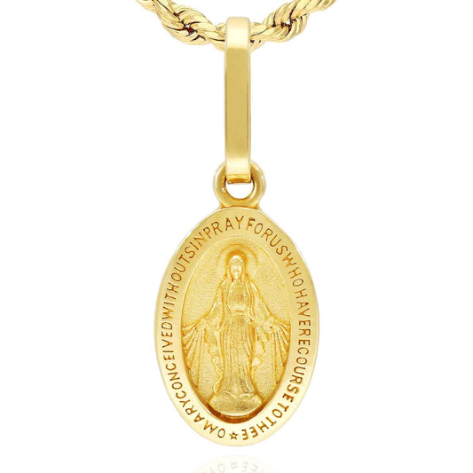 14K Yellow Gold Religious Miraculous Oval Medal Charm Pendant 0.78"