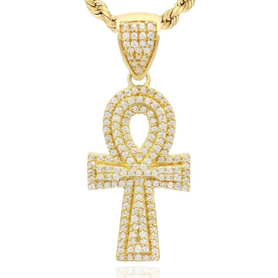 14K Yellow Gold CZ Pave Ankh Cross Pendant 1.26"