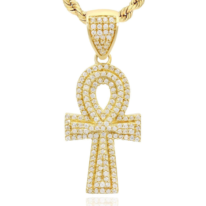 14K Yellow Gold CZ Pave Ankh Cross Pendant 1.26"