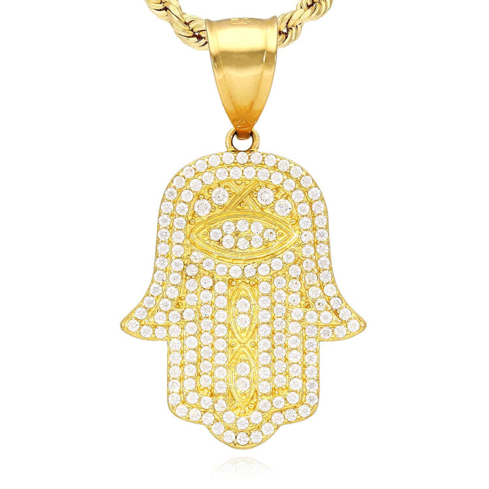 14K Yellow Gold CZ Pave Hamsa Pendant 1.2" - 1.5"