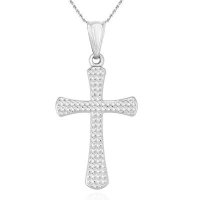 14K White Gold Diamond-Cut Religious Cross Pendant 1.3"