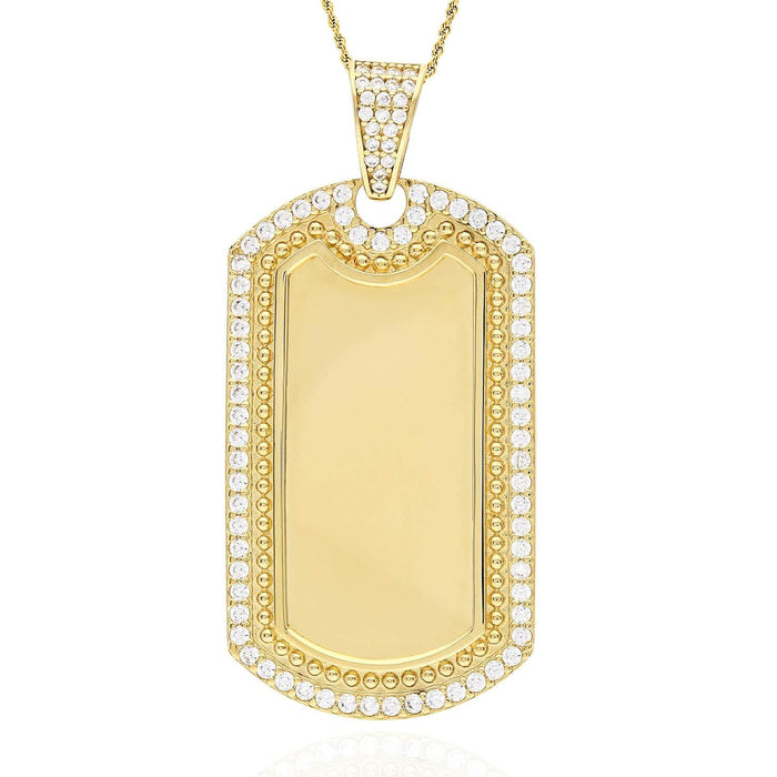 Engravable 14K Yellow Gold CZ Personalized Dog Tag Pendant 2"