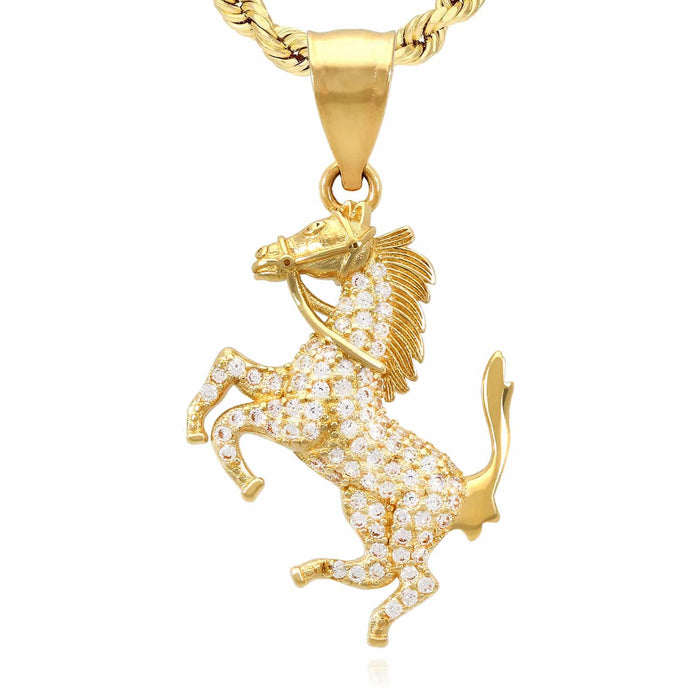 14K Yellow Gold 0.85CTW CZ Pave Horse Pendant 1.38"