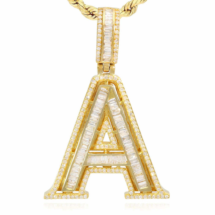 1.1CTW Natural Diamond Baguette 14K Yellow Gold Initial Letter Pendant 1.5" - WJD Exclusives