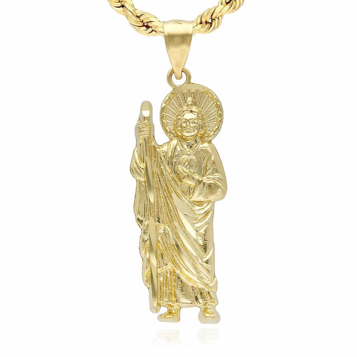10k Gold Yellow White San Judas Diamond-Cut Pendant 1"-1.4"