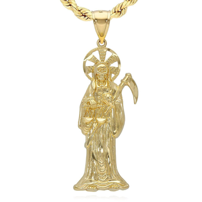 10k Yellow Gold Diamond-Cut Santa Muerte Grim Reaper Death Pendant 1.1"-2.76"