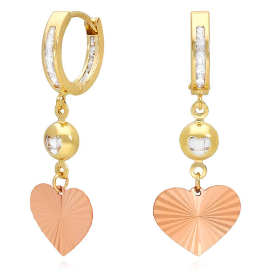 14K Yellow Gold Rose Heart CZ Drop  Huggie Hoop Earrings 35mm