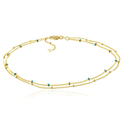 14K Yellow Gold Miami Cuban Blue Enamel Saturn Ankle Bracelet (Solid Links) 9" - 10" Adjustable - WJD Exclusives