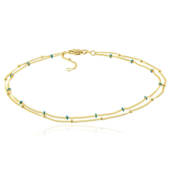 14K Yellow Gold Miami Cuban Blue Enamel Saturn Ankle Bracelet (Solid Links) 9" - 10" Adjustable - WJD Exclusives