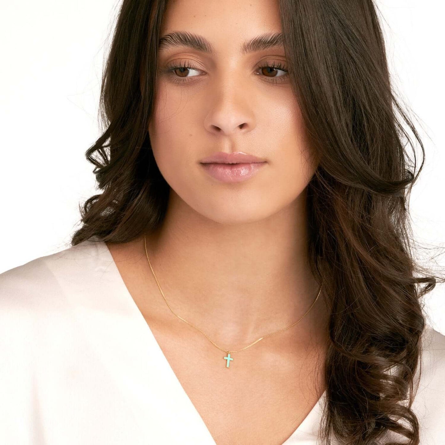 14K Real Gold Cable Turquoise Enamel Cross Pendant Necklace 16"-18" Adjustable