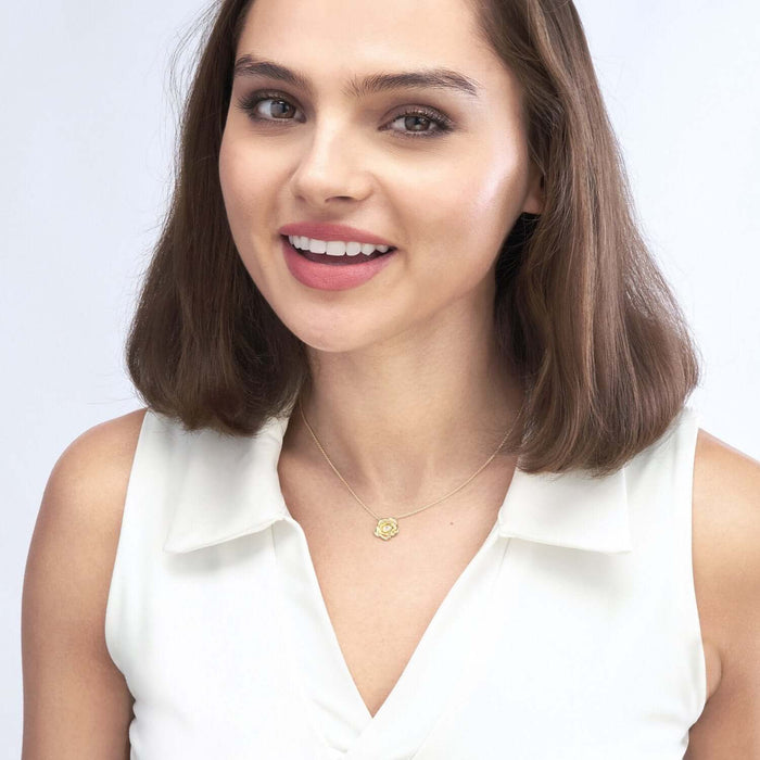 0.03CT Natural Diamond 14K Yellow Gold 3D Rose Flower Necklace (Solid Links) 16" - 18" Adjustable - WJD Exclusives