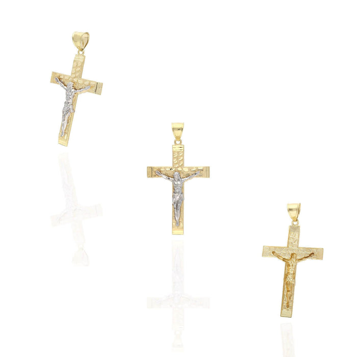 10K Yellow White Two Tone Gold Religious Jesus Crucifix Nugget Cross Pendant