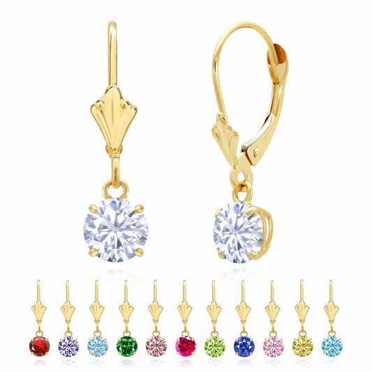 14K Gold Round Solitaire Gem Simulated Birthstone Leverback  Earrings