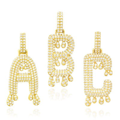 14K Yellow Gold CZ Iced Out Dripping Initial Letter Pendant 1.7"