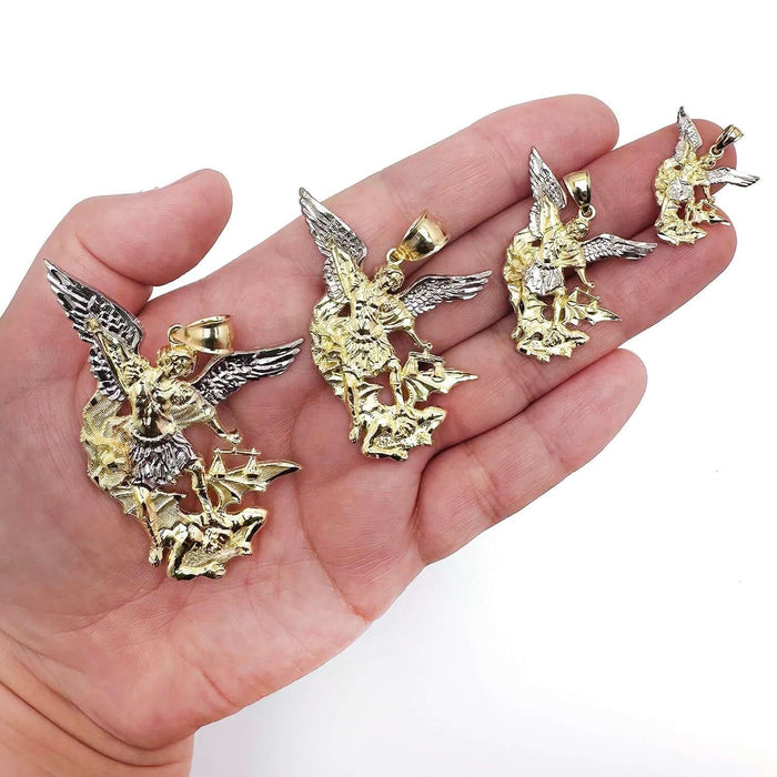 10K Gold Two - Tone White Saint Archangel Michael Pendant 0.9" - 2.1" - WJD Exclusives