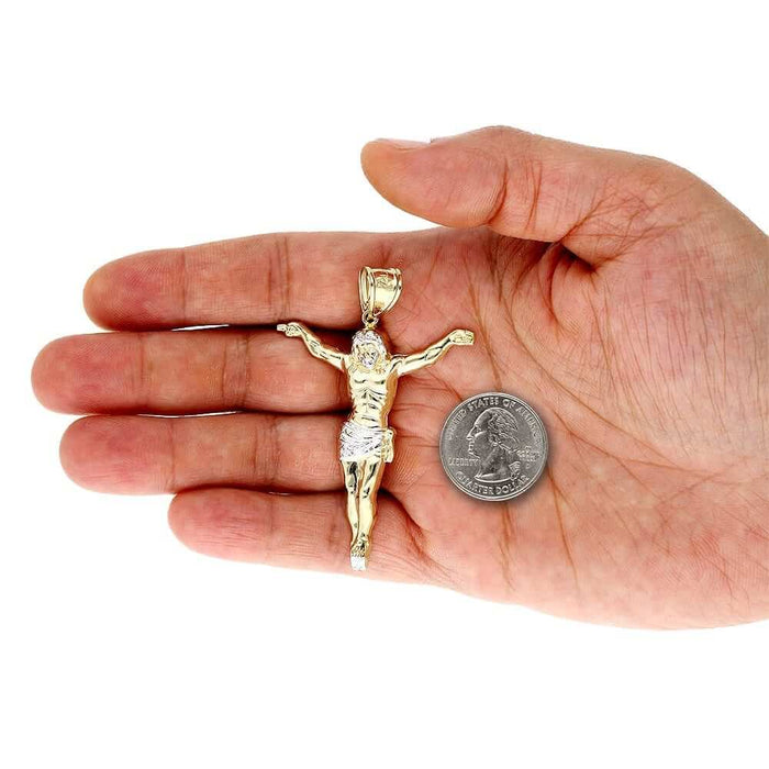 10K Gold Two-Tone Yellow White Gold Jesus Crucifix Pendant 1.57"-3.62"