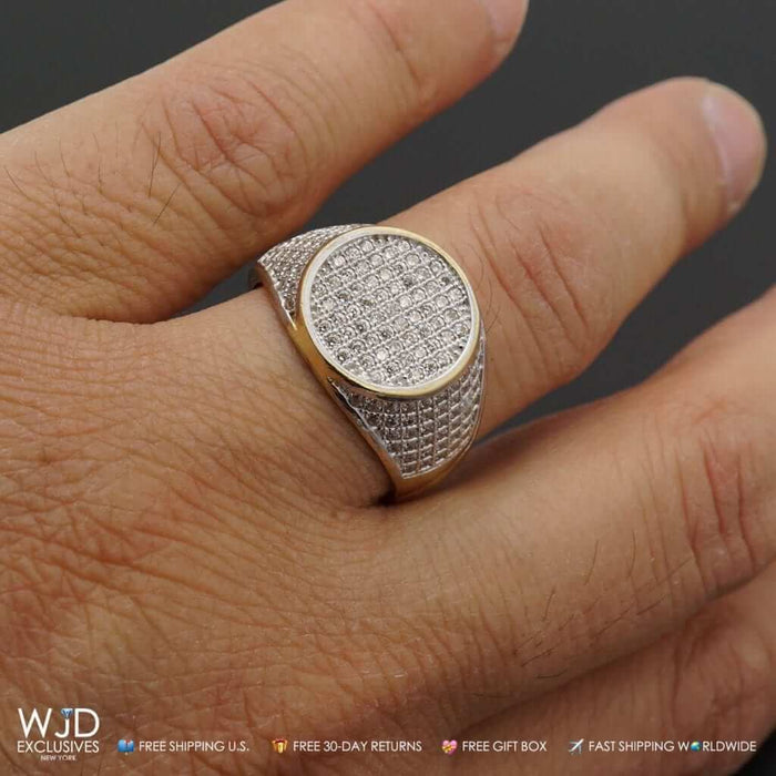 Men's 10K Gold Yellow 1.50Ct White Pave CZ Signet Ring Size 8-12