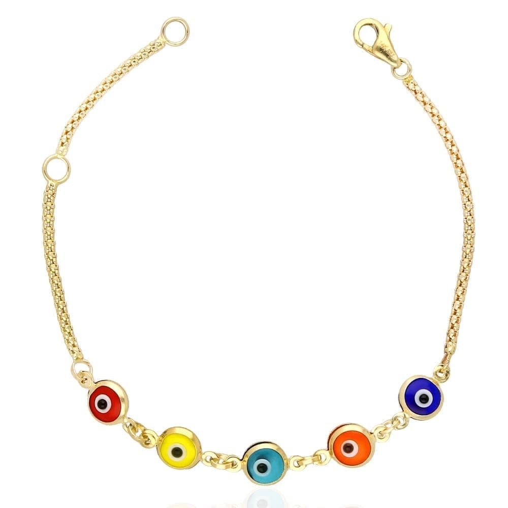 14k Gold Yellow Bezel Evil Eye Kid Bracelet 5"-6" Adjustable