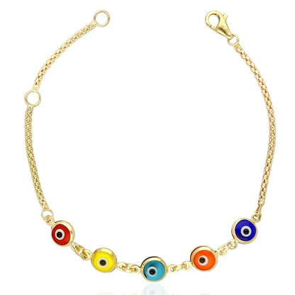 14k Gold Yellow Bezel Evil Eye Kid Bracelet 5"-6" Adjustable