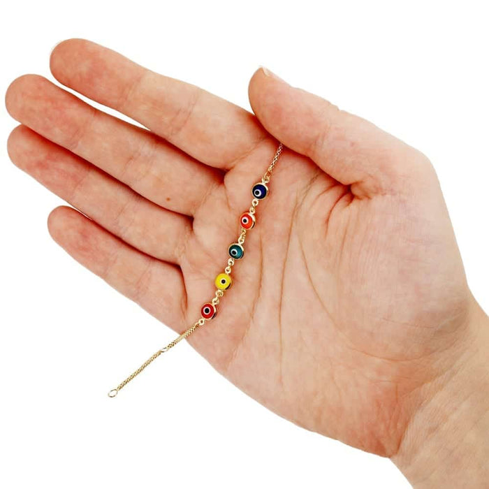 14K Yellow Gold Bezel Evil Eye Kid Bracelet 5"-6" Adjustable