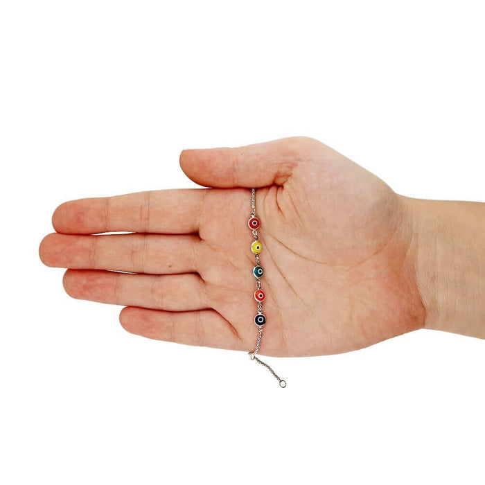 14K White Gold Adjustable Bezel Evil Eye Kid Bracelet 5"-6" Adjustable