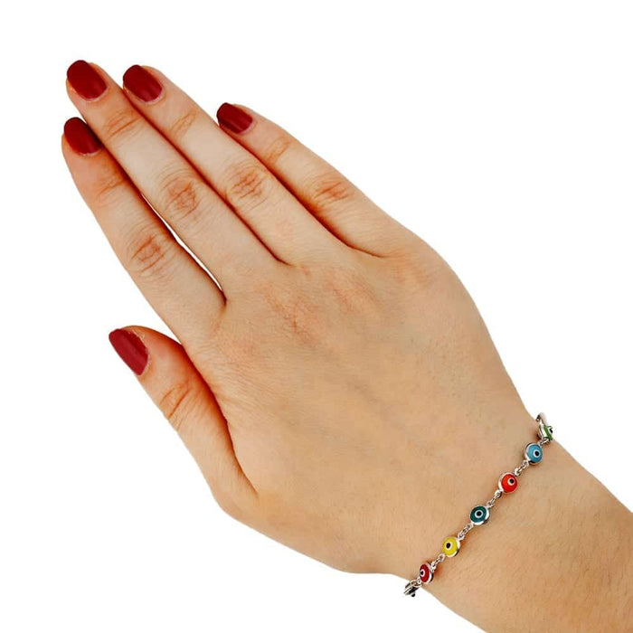 14K White Gold Bezel Evil Eye Popcorn Bracelet 7"
